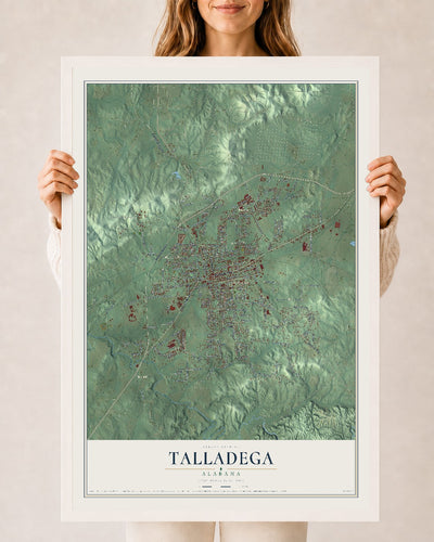 Map of Talladega, Alabama, 24 x 36 inch print in a white wood frame