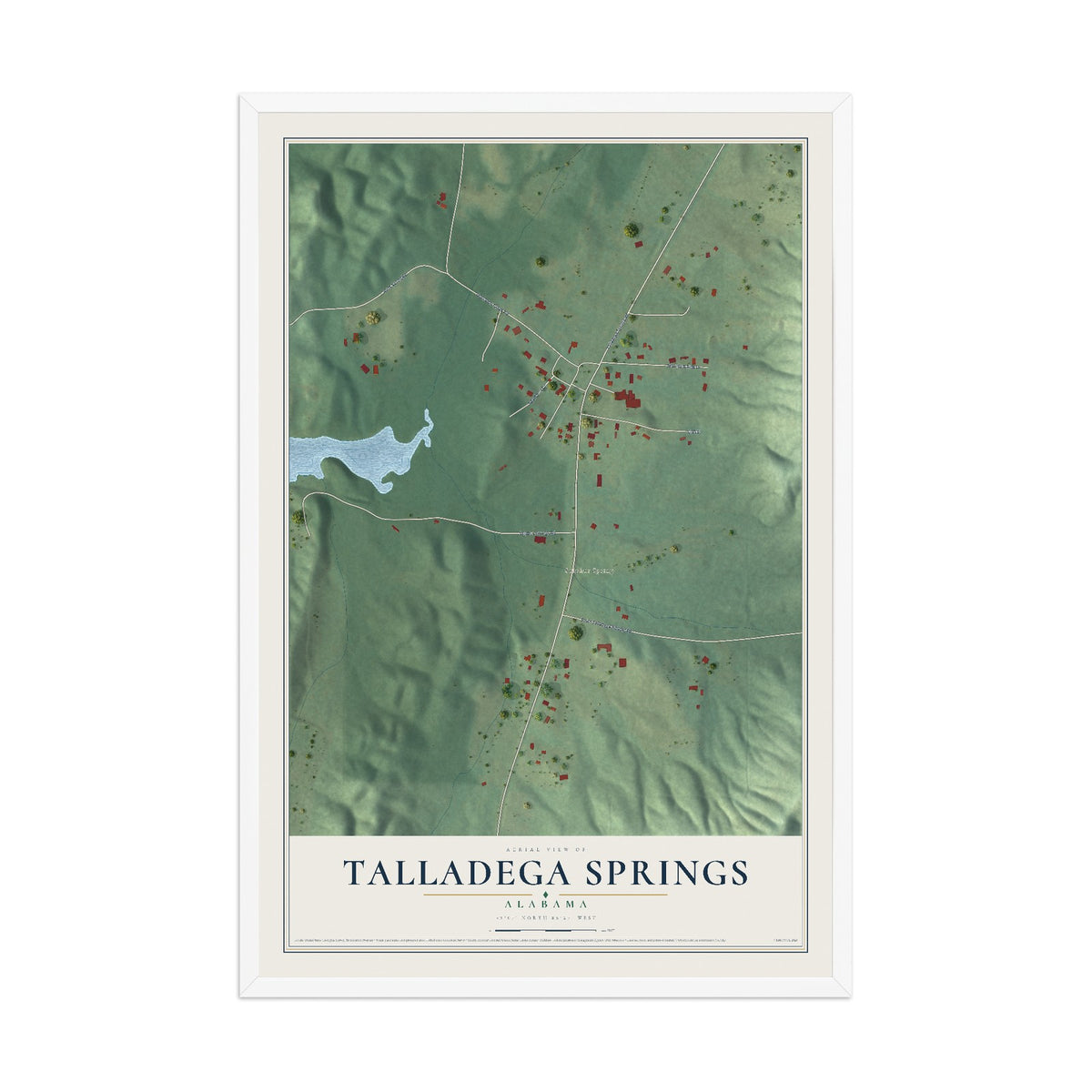 Map of Talladega Springs, Alabama, 12 x 18 inch print in a white wood frame