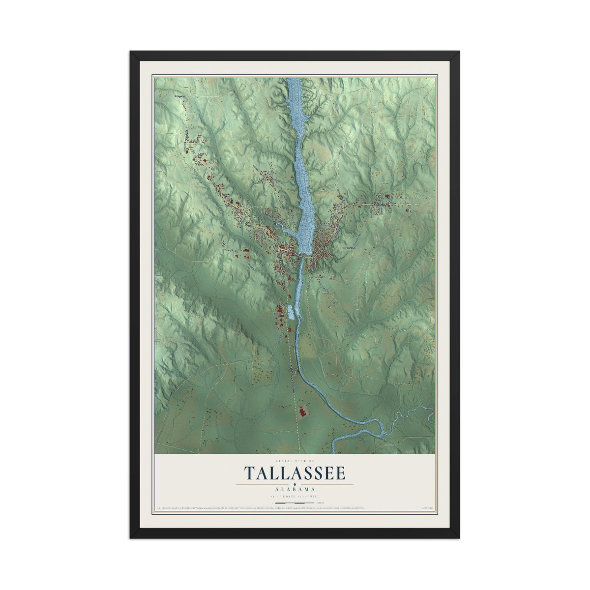 Map of Tallassee, Alabama, 12 x 18 inch print in a black wood frame