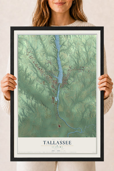 Map of Tallassee, Alabama, 18 x 24 inch print in a black wood frame