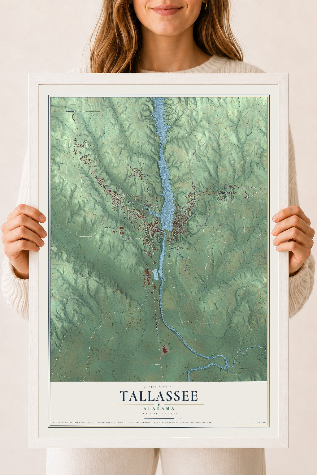 Map of Tallassee, Alabama, 18 x 24 inch print in a white wood frame