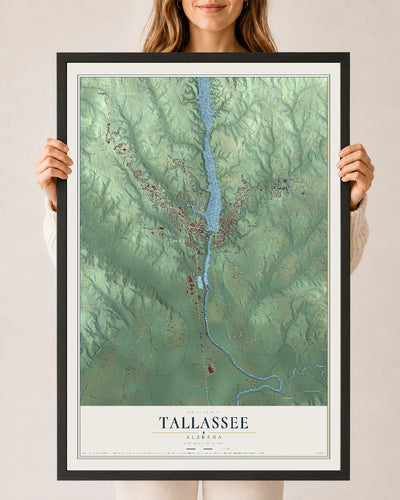 Map of Tallassee, Alabama, 24 x 36 inch print in a black wood frame