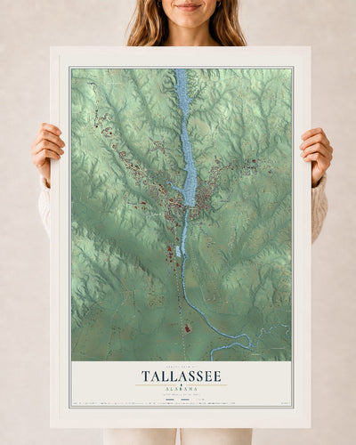 Map of Tallassee, Alabama, 24 x 36 inch print in a white wood frame