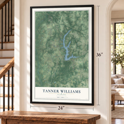 Tanner Williams, Alabama map, 24 x 36 inch print in a black frame by a staircase