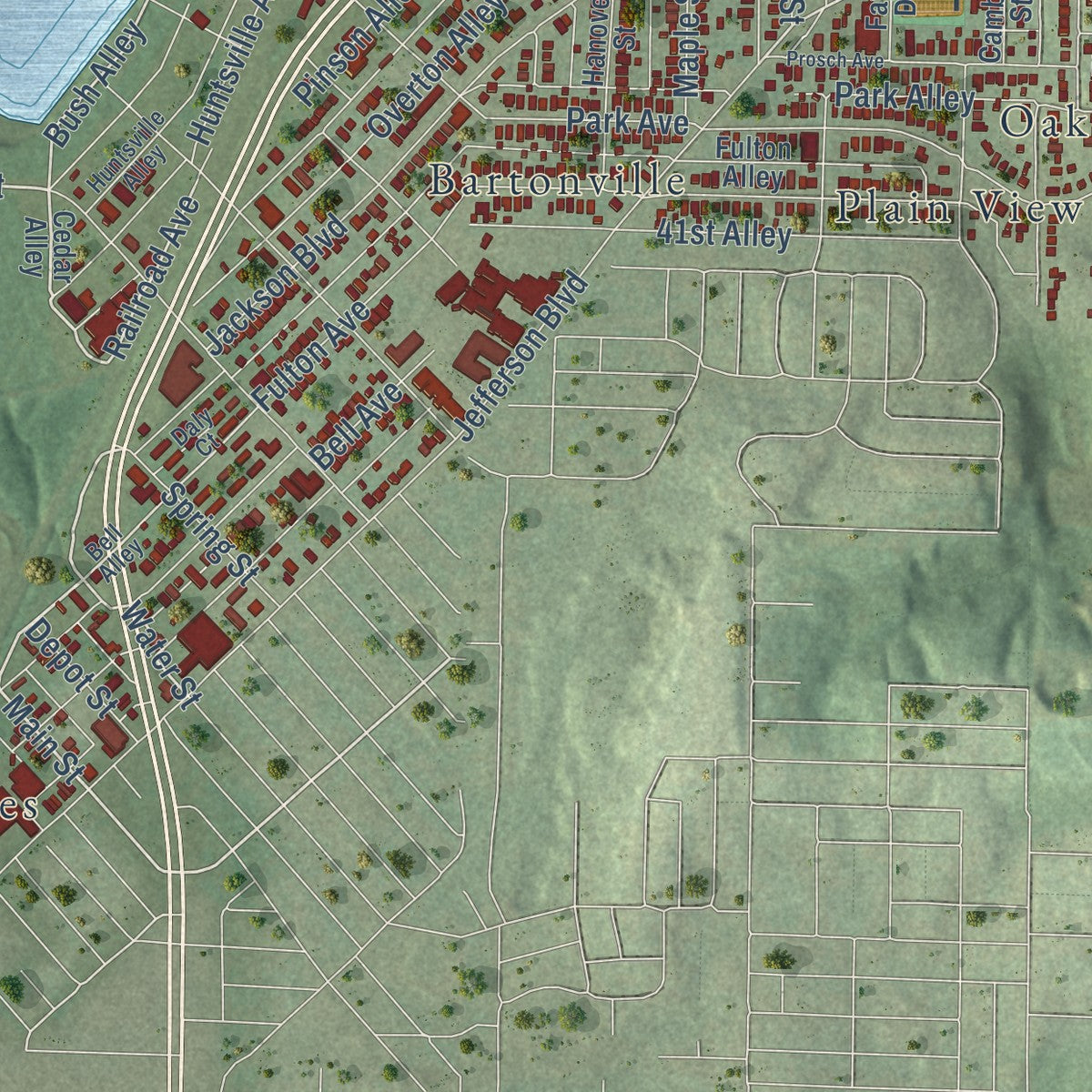 Second close-up of the map of Tarrant, Alabama print showing more streets and buildings