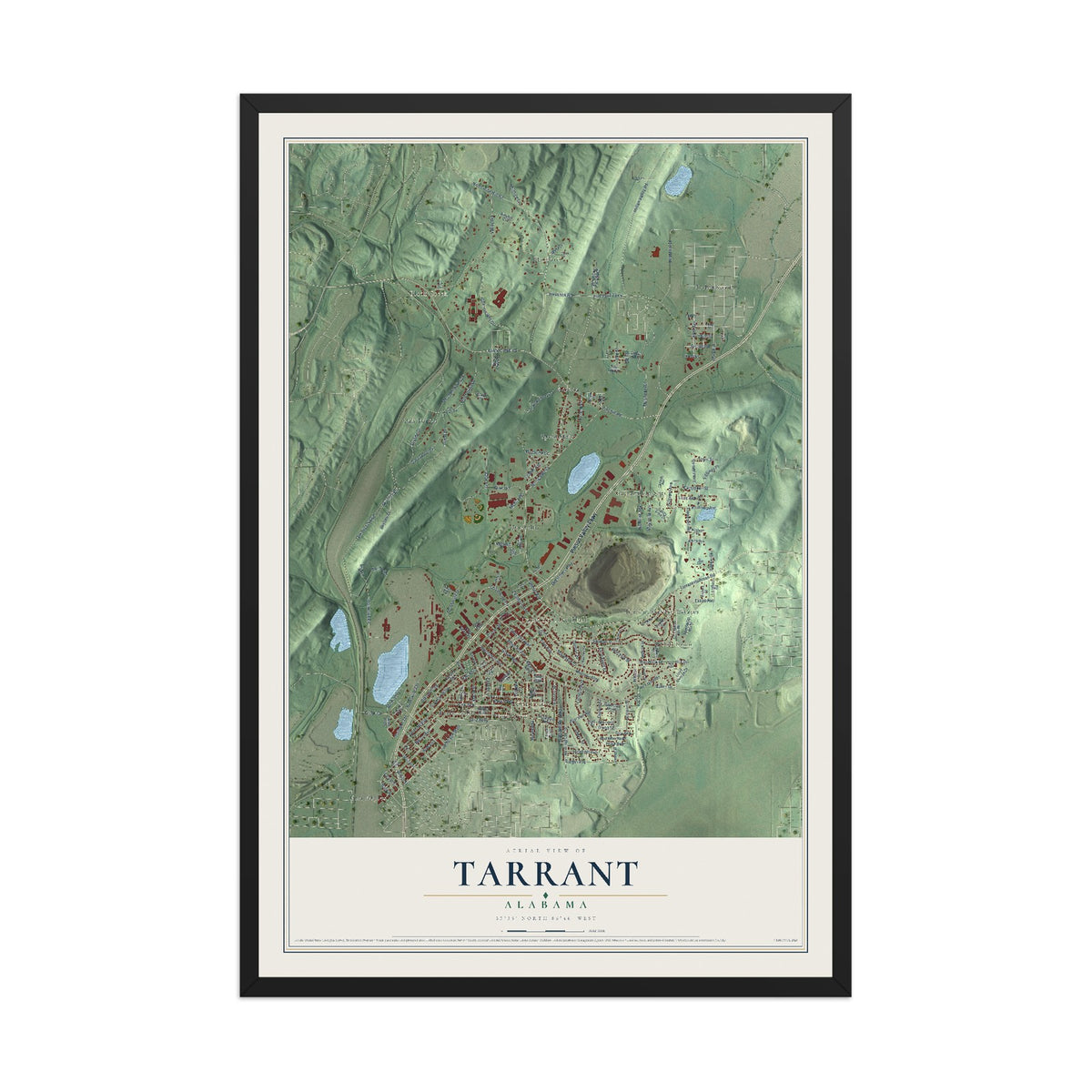 Map of Tarrant, Alabama, 12 x 18 inch print in a black wood frame
