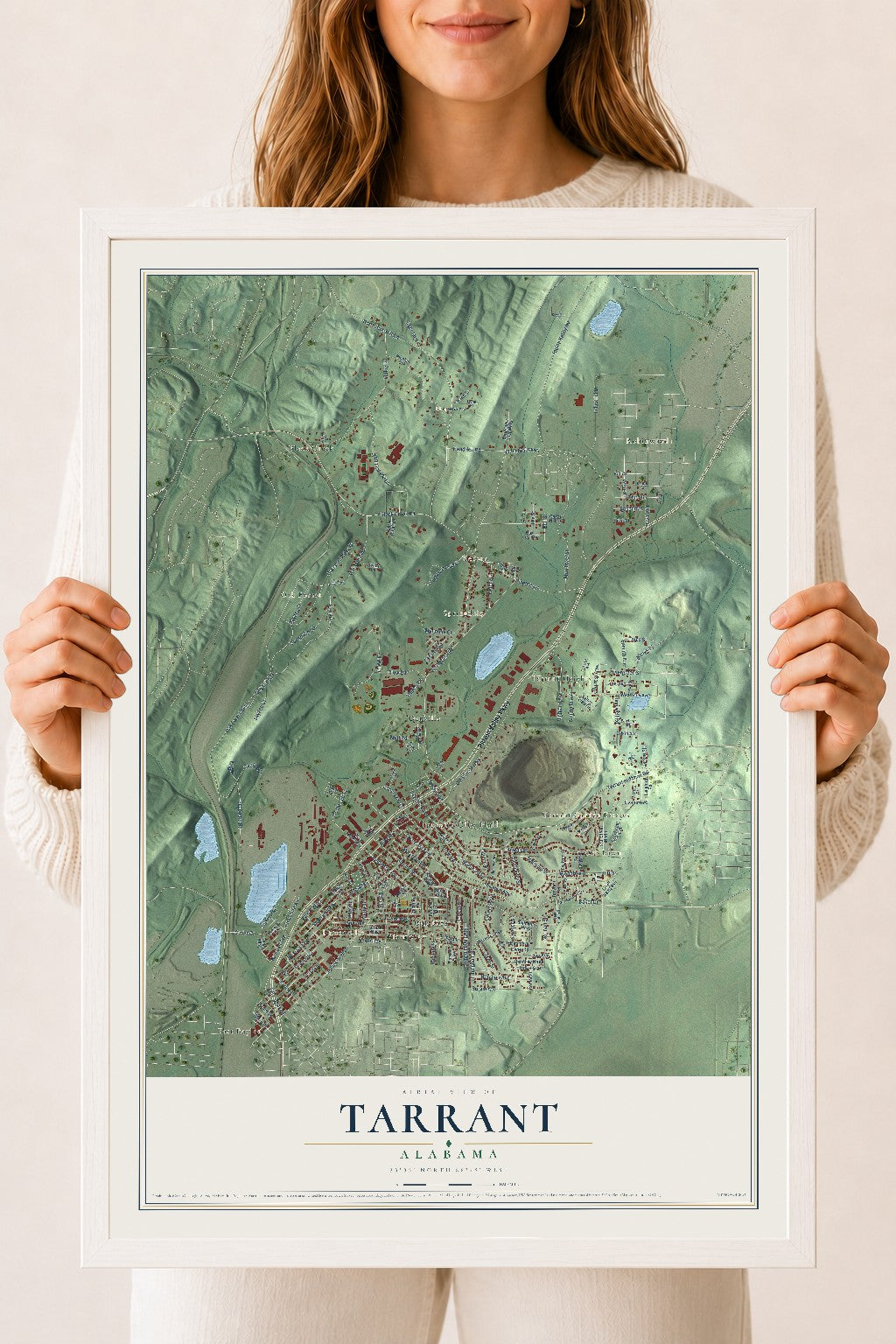 Map of Tarrant, Alabama, 18 x 24 inch print in a white wood frame