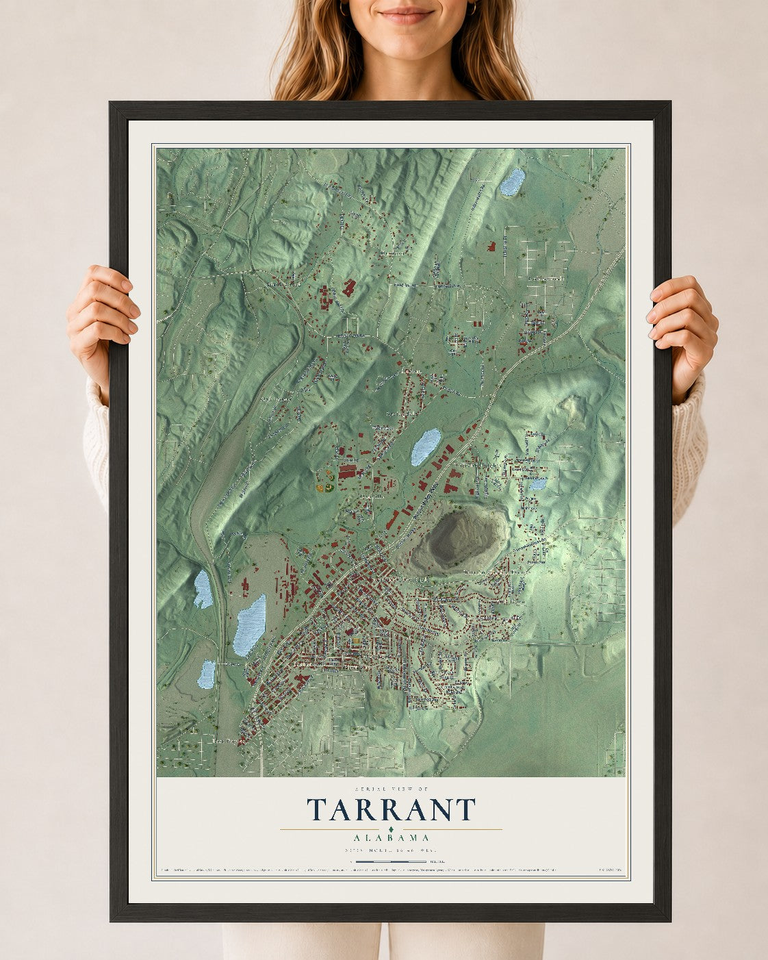 Map of Tarrant, Alabama, 24 x 36 inch print in a black wood frame