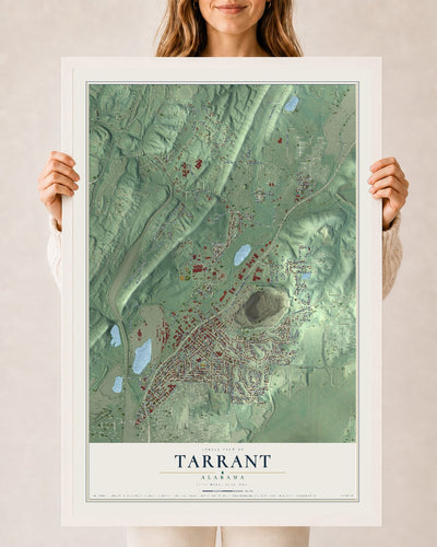 Map of Tarrant, Alabama, 24 x 36 inch print in a white wood frame