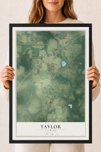 Map of Taylor, Alabama, 18 x 24 inch print in a black wood frame