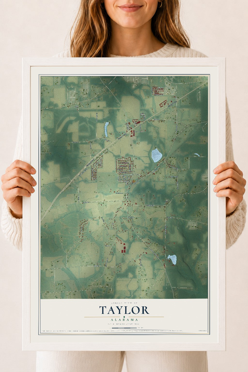 Map of Taylor, Alabama, 18 x 24 inch print in a white wood frame