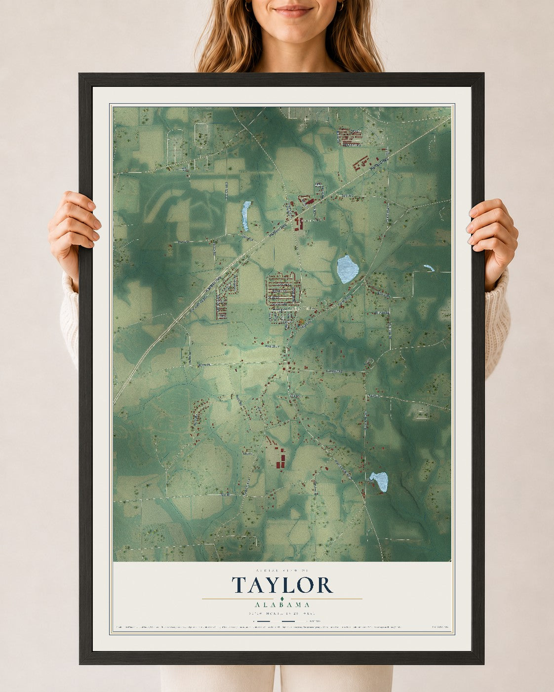 Map of Taylor, Alabama, 24 x 36 inch print in a black wood frame