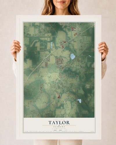 Map of Taylor, Alabama, 24 x 36 inch print in a white wood frame