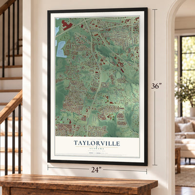 Taylorville, Alabama map, 24 x 36 inch print in a black frame by a staircase