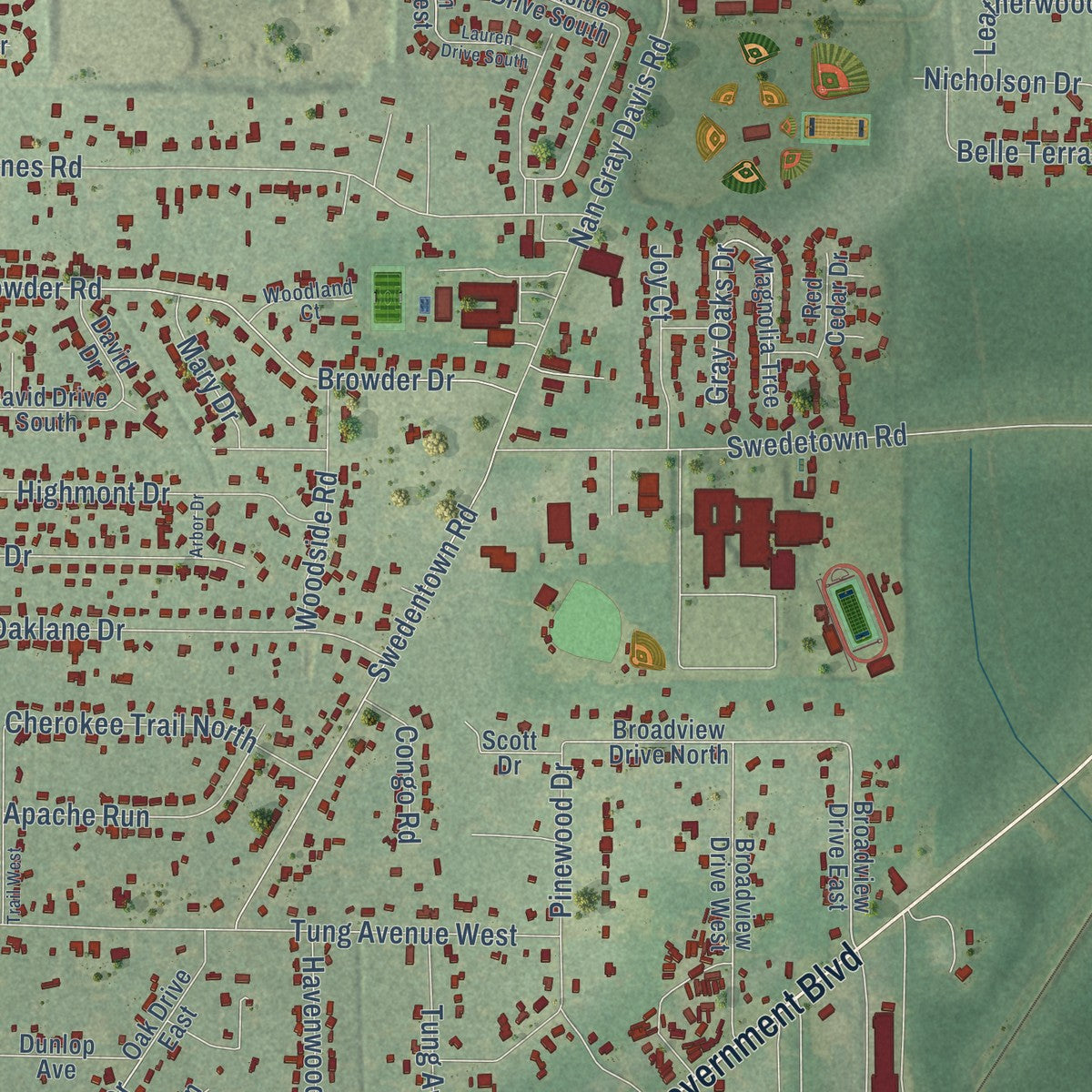 Close-up of the map of Theodore, Alabama print showing street and building detail