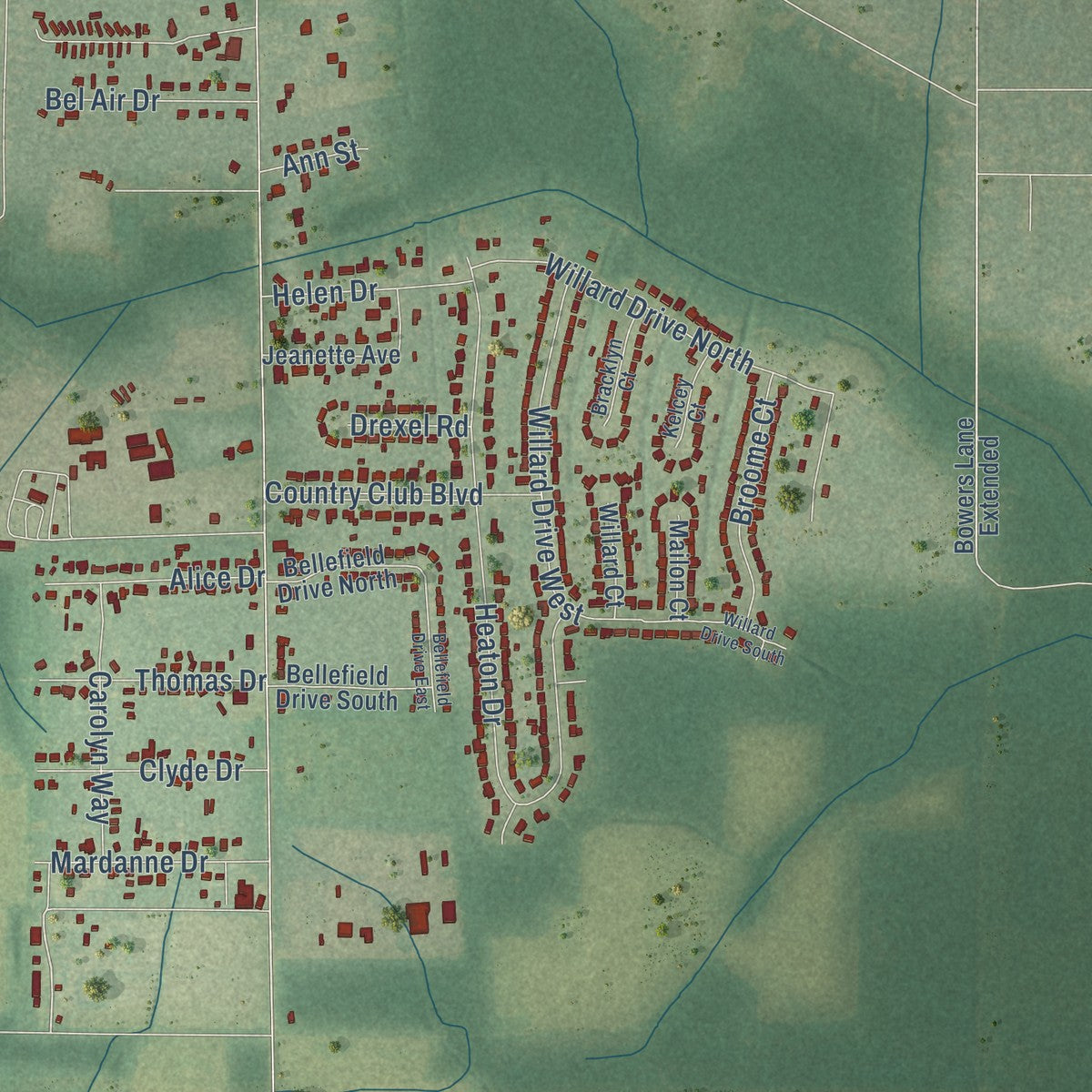 Second close-up of the map of Theodore, Alabama print showing more streets and buildings