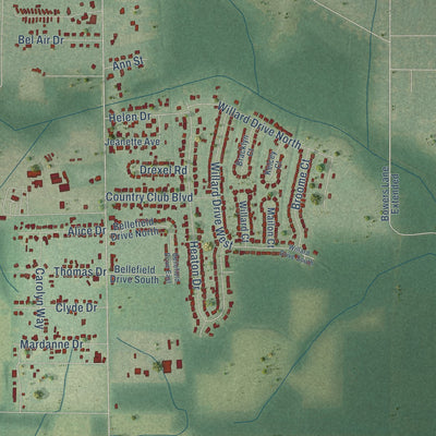 Second close-up of the map of Theodore, Alabama print showing more streets and buildings