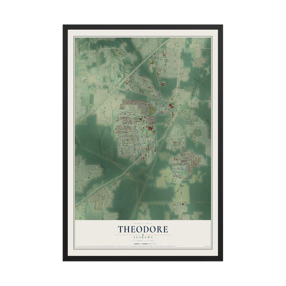 Map of Theodore, Alabama, 12 x 18 inch print in a black wood frame