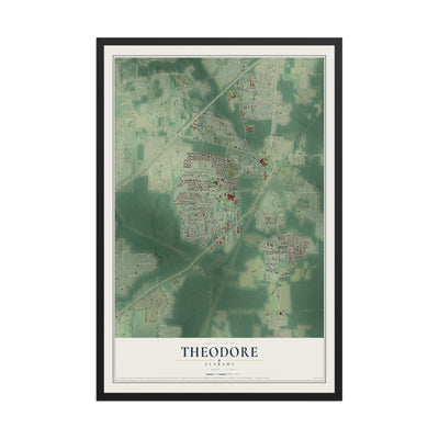 Map of Theodore, Alabama, 12 x 18 inch print in a black wood frame