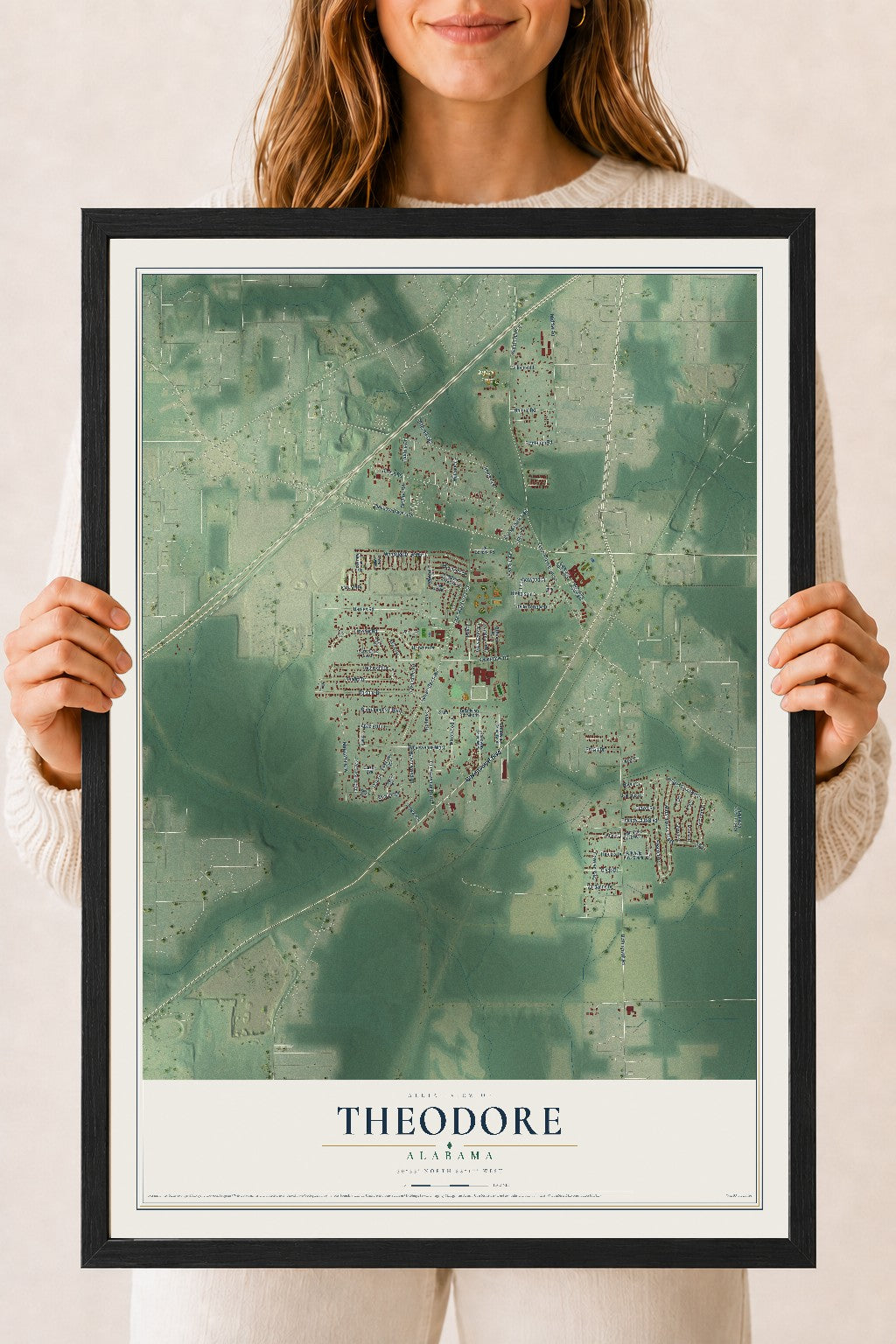Map of Theodore, Alabama, 18 x 24 inch print in a black wood frame