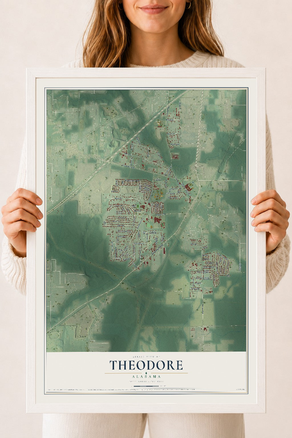 Map of Theodore, Alabama, 18 x 24 inch print in a white wood frame