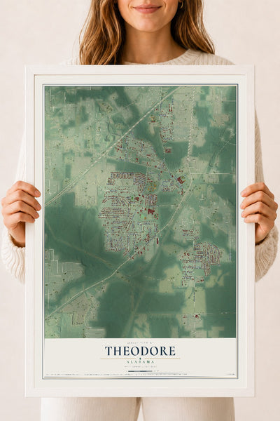 Map of Theodore, Alabama, 18 x 24 inch print in a white wood frame