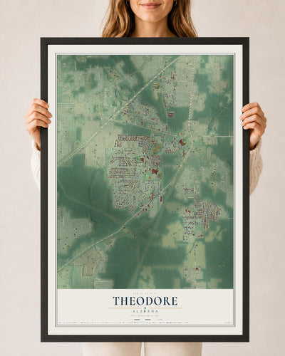 Map of Theodore, Alabama, 24 x 36 inch print in a black wood frame