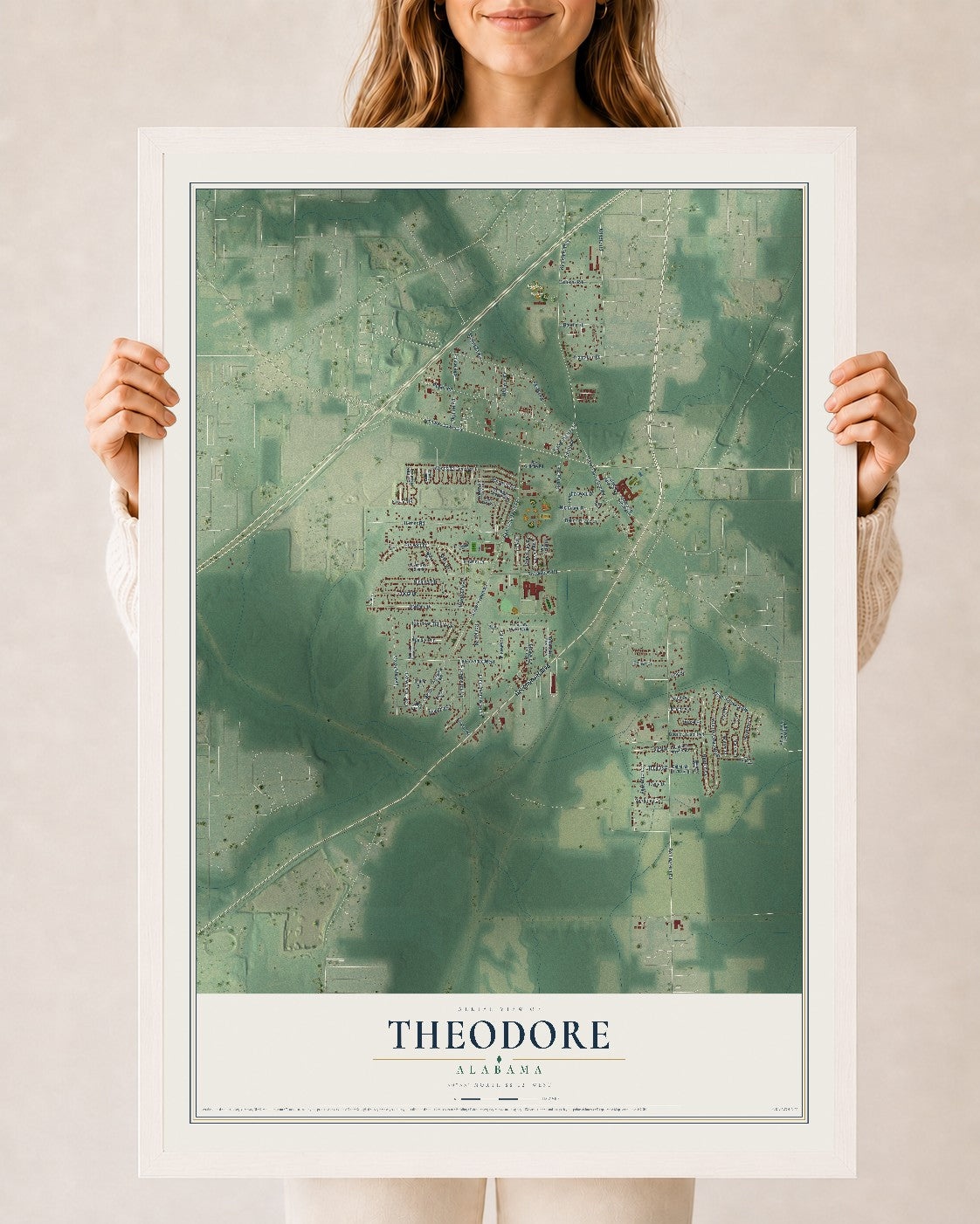 Map of Theodore, Alabama, 24 x 36 inch print in a white wood frame