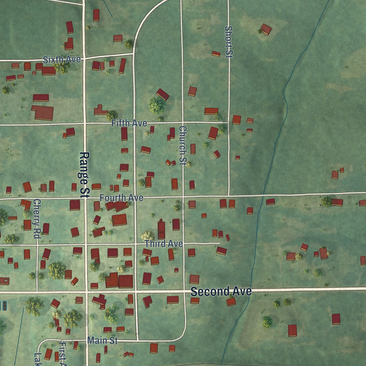 Close-up of the map of Thomaston, Alabama print showing street and building detail