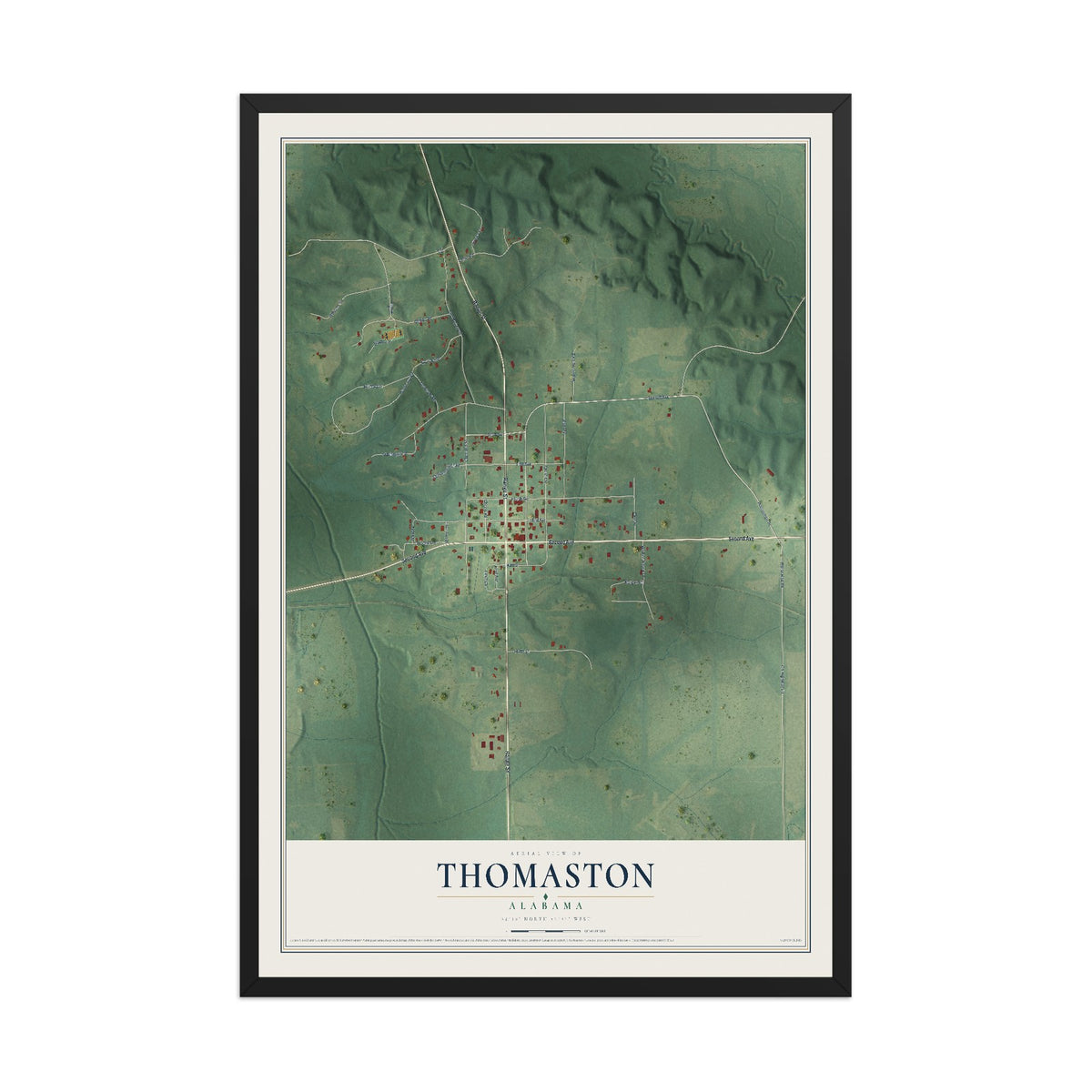 Map of Thomaston, Alabama, 12 x 18 inch print in a black wood frame