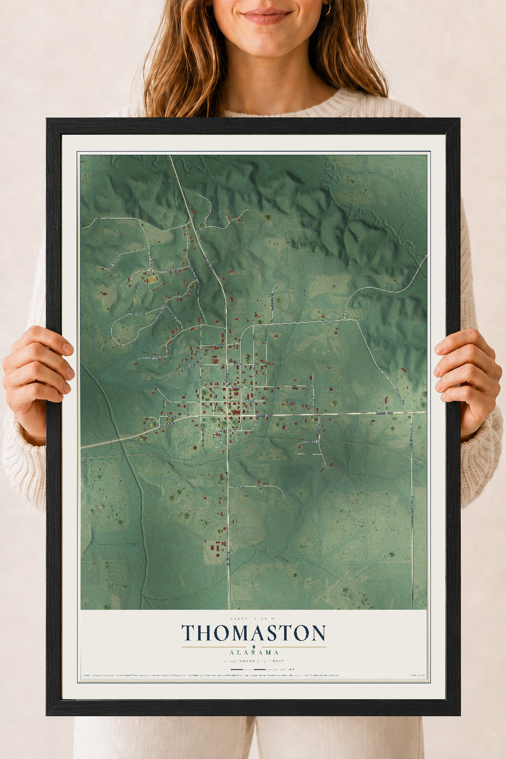 Map of Thomaston, Alabama, 18 x 24 inch print in a black wood frame