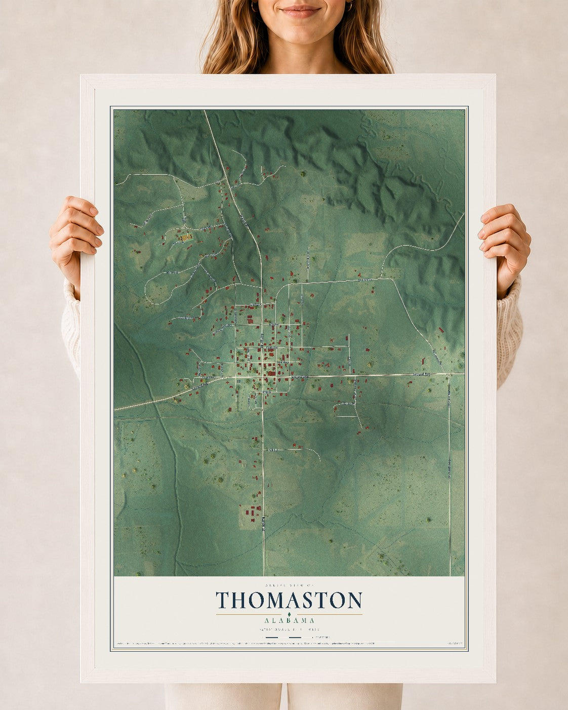 Map of Thomaston, Alabama, 24 x 36 inch print in a white wood frame