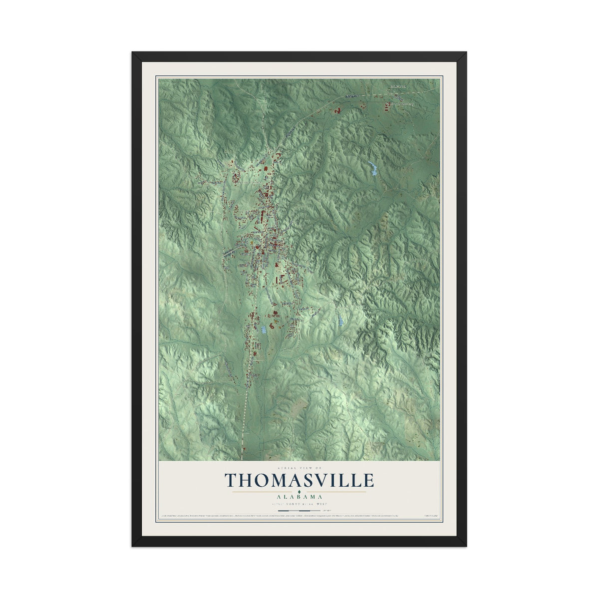 Map of Thomasville, Alabama, 12 x 18 inch print in a black wood frame