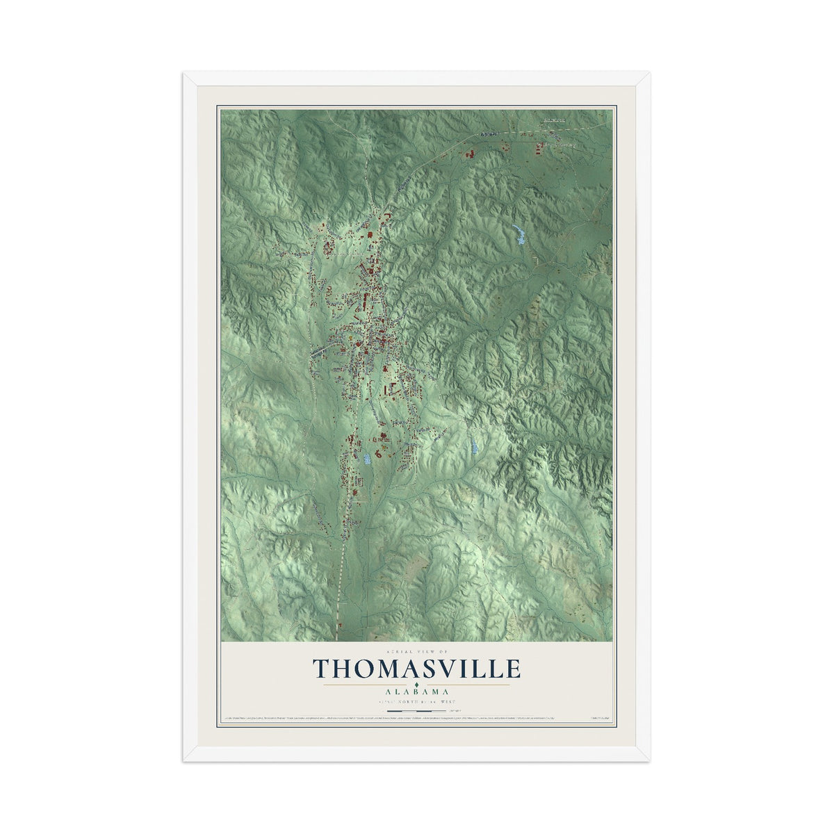 Map of Thomasville, Alabama, 12 x 18 inch print in a white wood frame