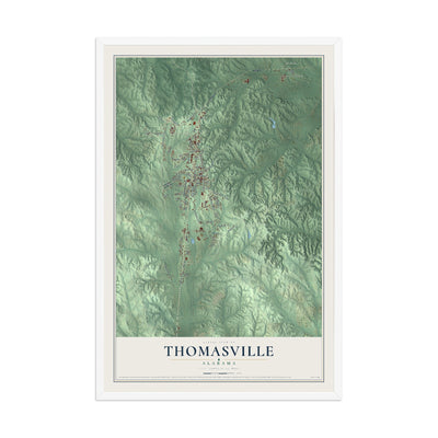 Map of Thomasville, Alabama, 12 x 18 inch print in a white wood frame