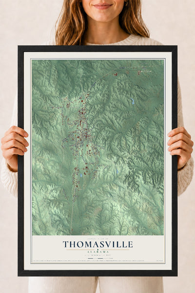 Map of Thomasville, Alabama, 18 x 24 inch print in a black wood frame