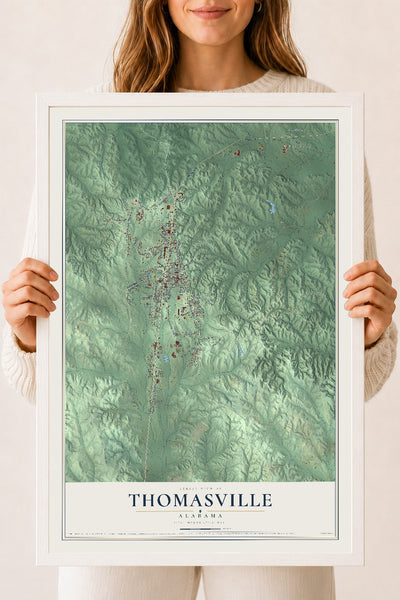 Map of Thomasville, Alabama, 18 x 24 inch print in a white wood frame