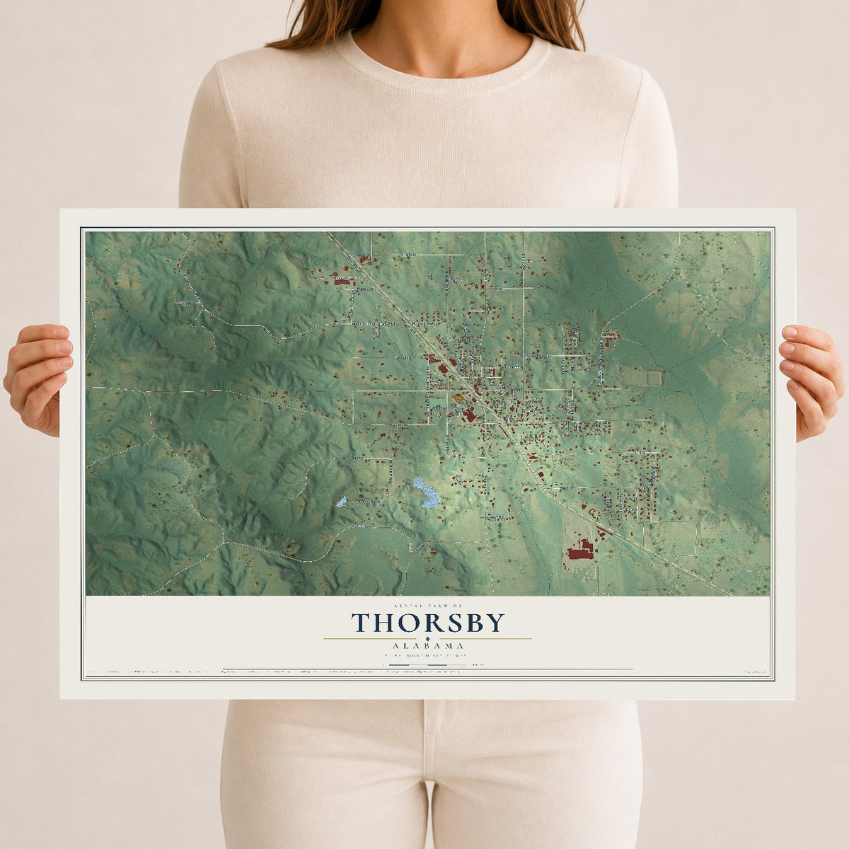 Map of Thorsby, Alabama, 12 x 18 inch unframed archival matte print