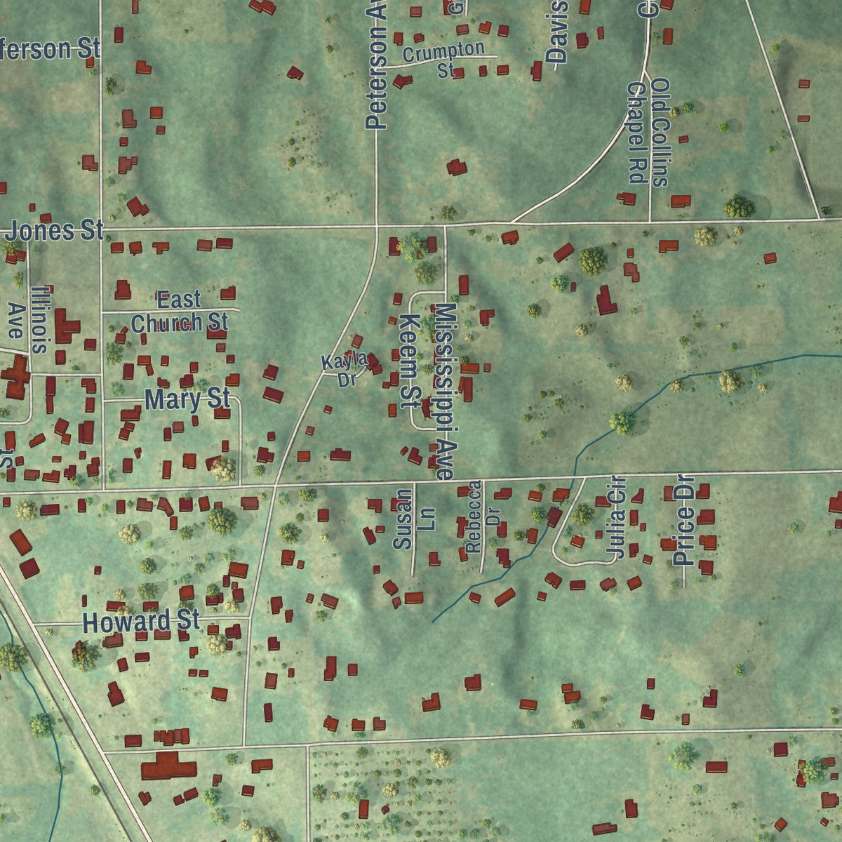 Close-up of the map of Thorsby, Alabama print showing street and building detail
