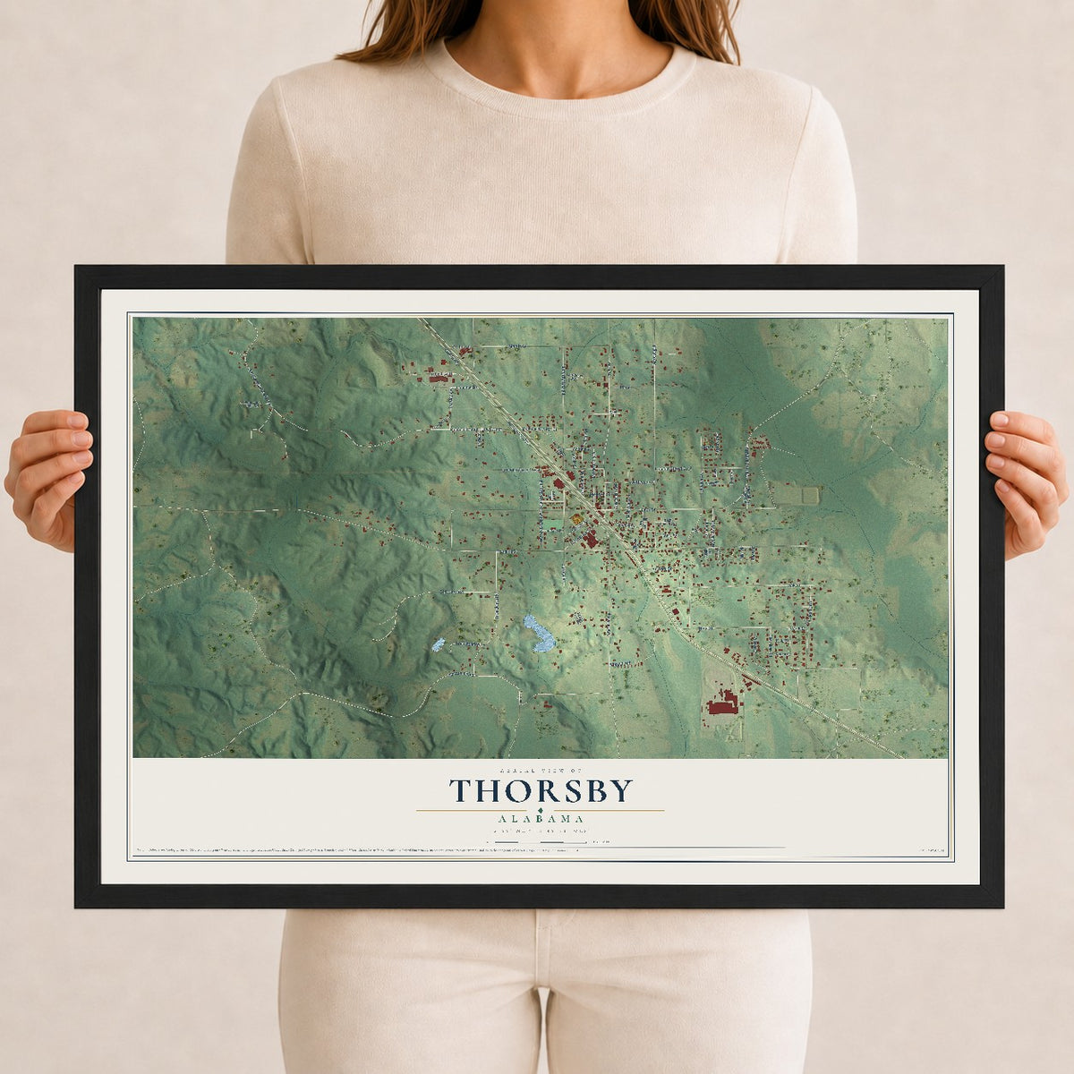 Map of Thorsby, Alabama, 12 x 18 inch print in a black wood frame