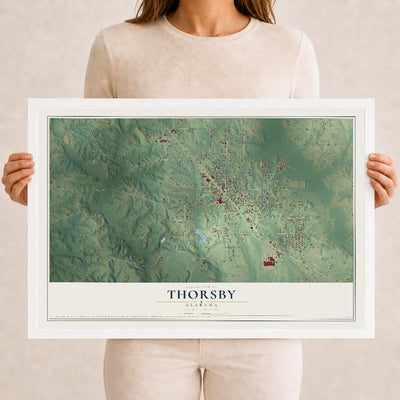 Map of Thorsby, Alabama, 12 x 18 inch print in a white wood frame