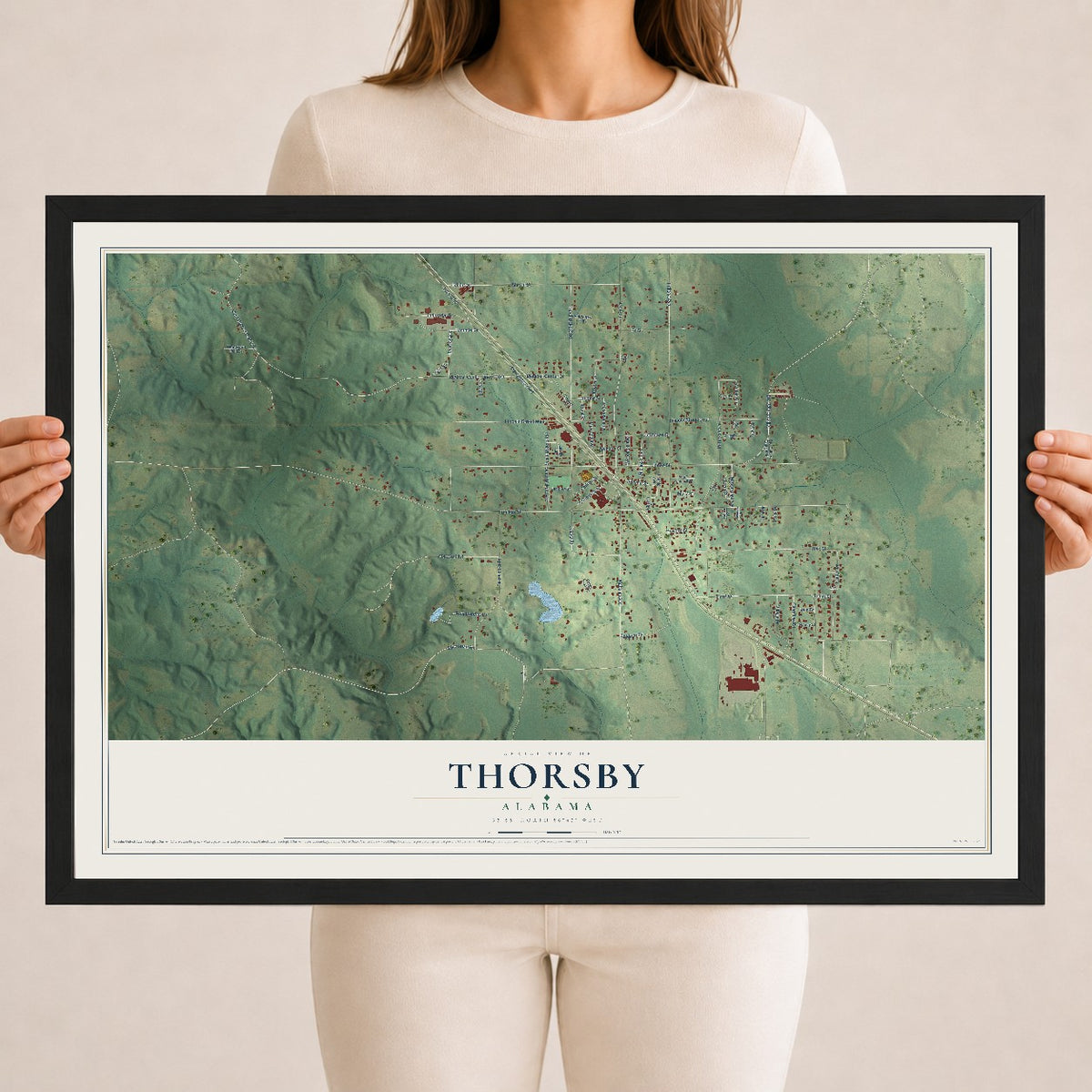 Map of Thorsby, Alabama, 18 x 24 inch print in a black wood frame