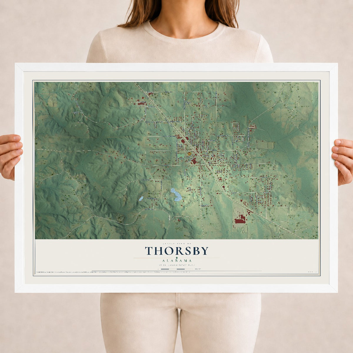 Map of Thorsby, Alabama, 18 x 24 inch print in a white wood frame