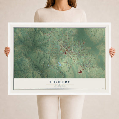 Map of Thorsby, Alabama, 24 x 36 inch print in a white wood frame
