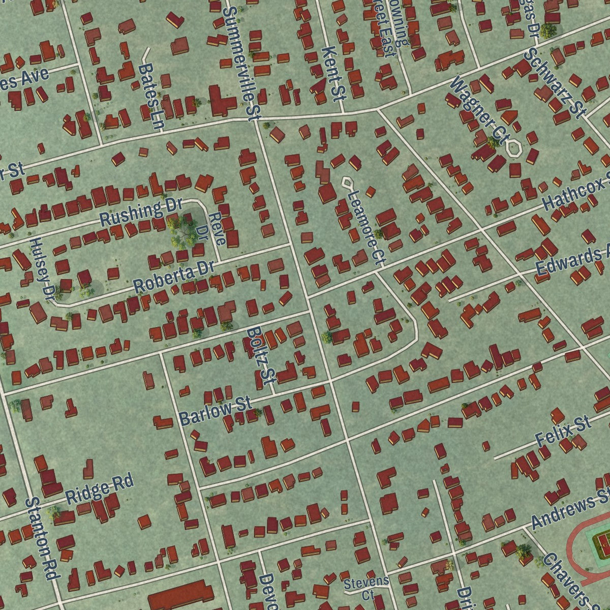 Close-up of the map of Toulminville, Alabama print showing street and building detail