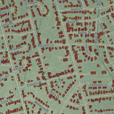 Second close-up of the map of Toulminville, Alabama print showing more streets and buildings