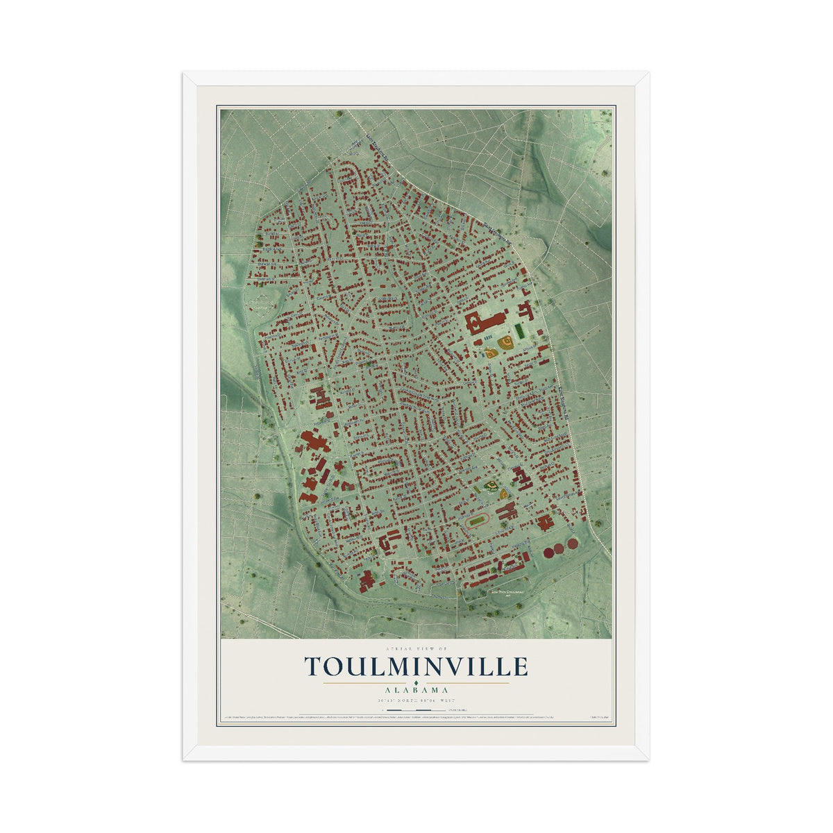 Map of Toulminville, Alabama, 12 x 18 inch print in a white wood frame