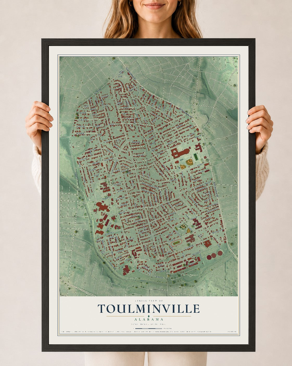 Map of Toulminville, Alabama, 24 x 36 inch print in a black wood frame