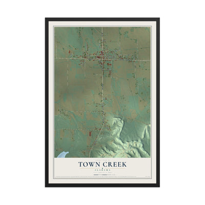 Map of Town Creek, Alabama, 12 x 18 inch print in a black wood frame