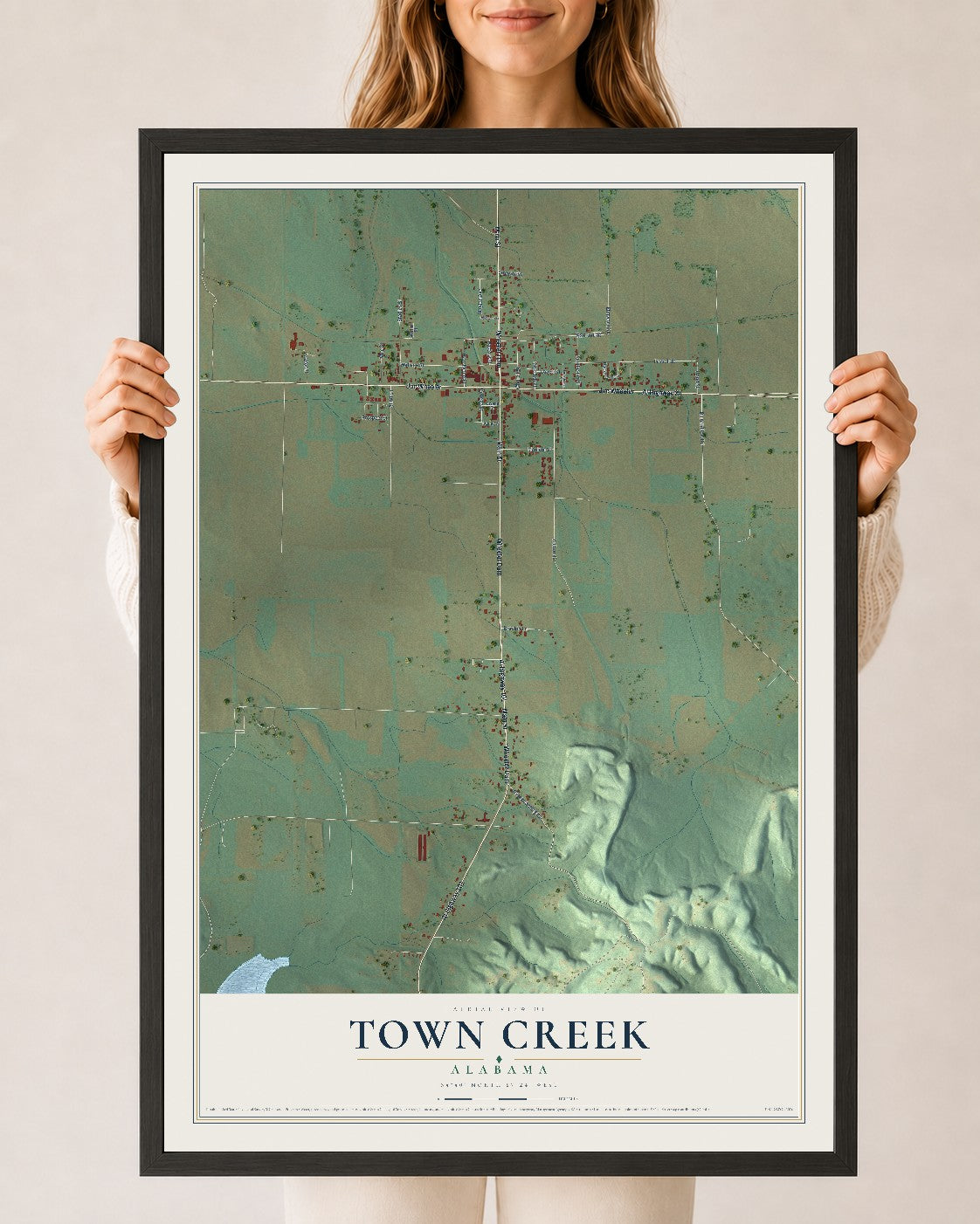 Map of Town Creek, Alabama, 24 x 36 inch print in a black wood frame